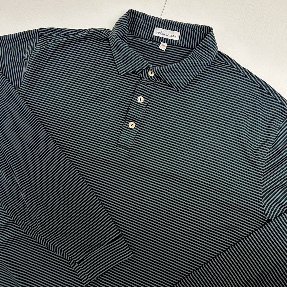 Peter Millar Men's XXL Back Gray Striped Long Sleeve Polo Shirt Golf‎